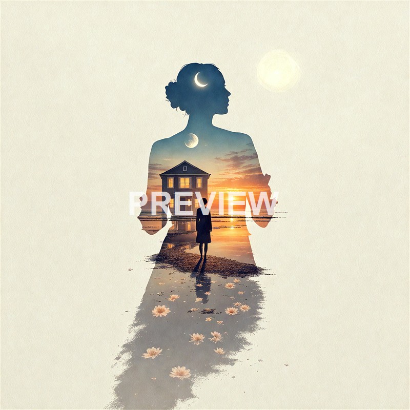 The image features a double exposure effect combining the silhouette of a woman with a landscape of a sunset over the ocean, a house, and a person walking on the beach with flowers, creating a surreal and artistic scene.